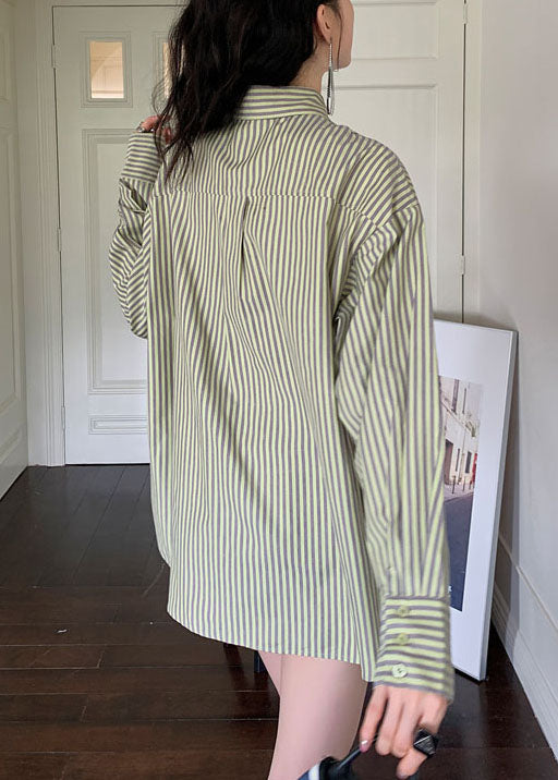 Fine Green Peter Pan Collar Striped Cotton Shirt Top Spring