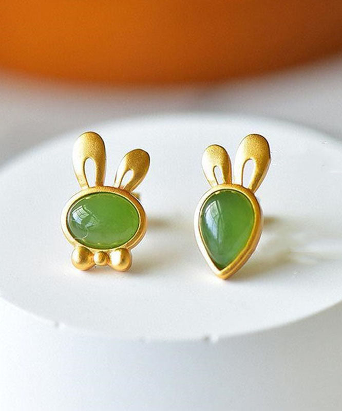 Fine Green Strerling Silver Overgild Jade Little Rabbit And Carrot Stud Earrings