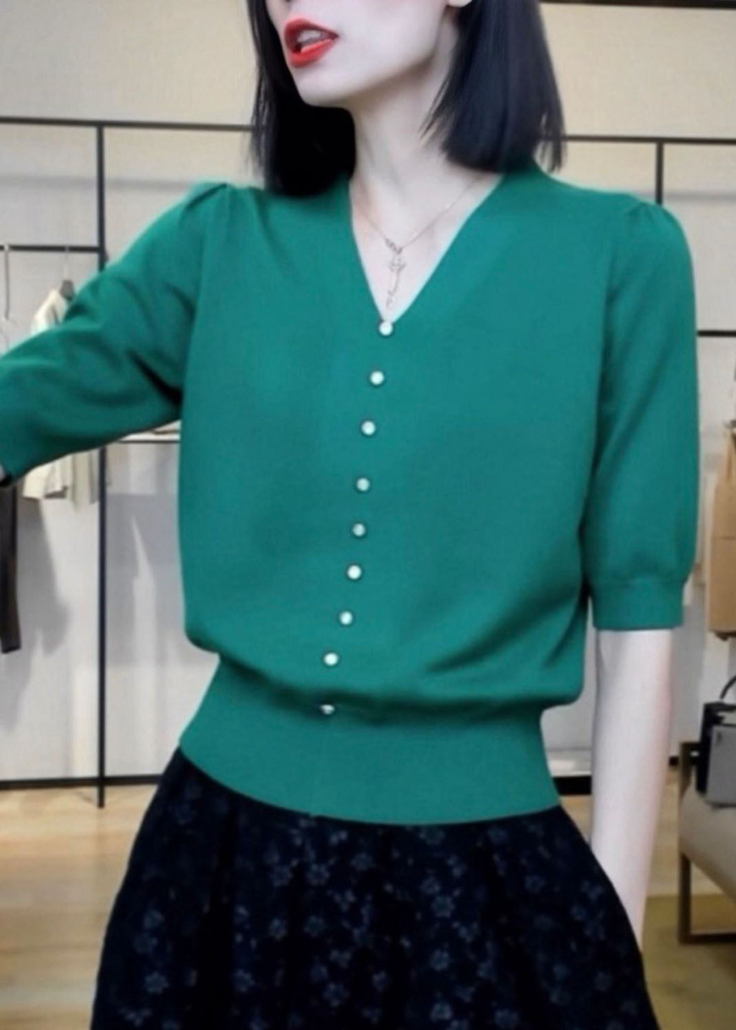 Fine Green V Neck Nail bead Patchwork Knit Top Puff Sleeve