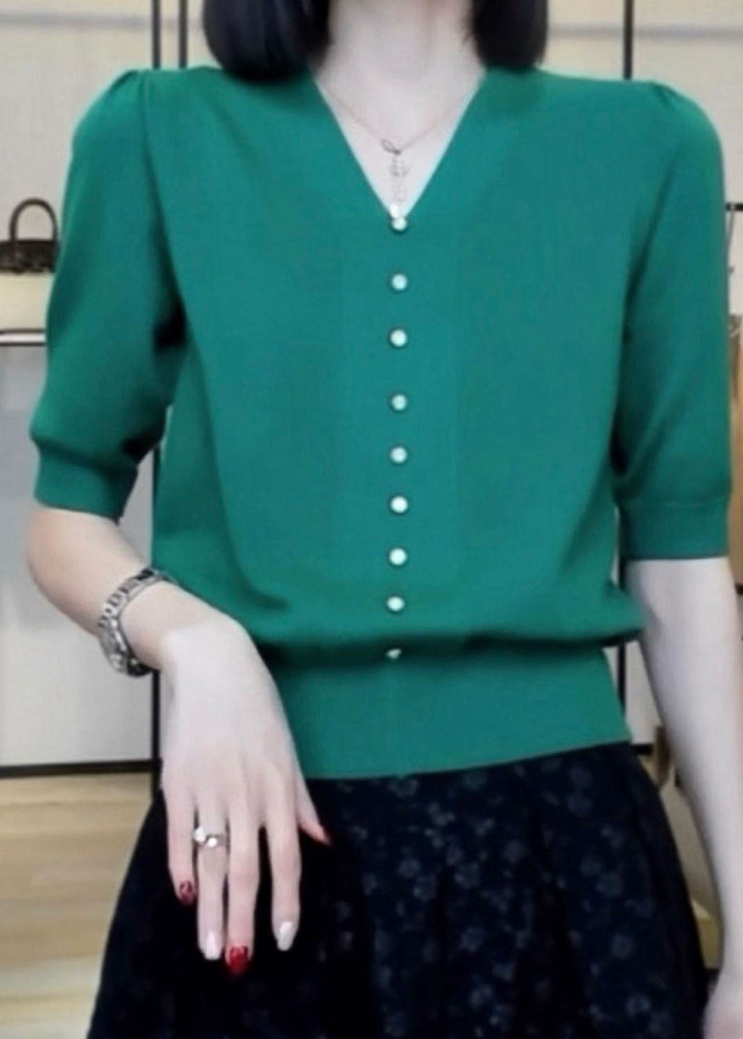 Fine Green V Neck Nail bead Patchwork Knit Top Puff Sleeve