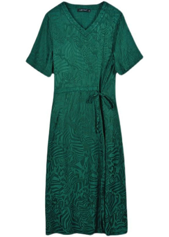 Fine Green V Neck Patchwork Drawstring Silk Mid Dress Summer