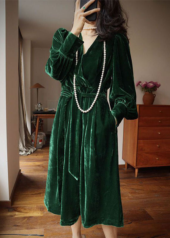 Fine Green V Neck Pockets Exra Large Hem Solid Silk Velour Dresses Long Sleeve