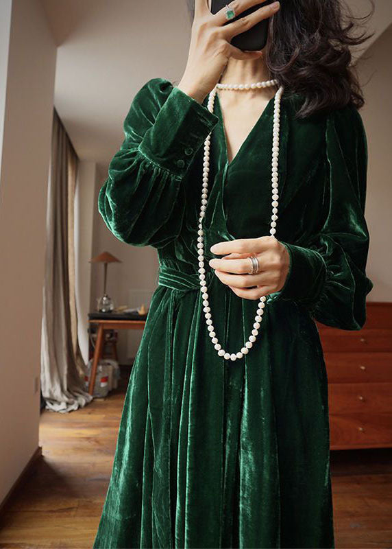 Fine Green V Neck Pockets Exra Large Hem Solid Silk Velour Dresses Long Sleeve