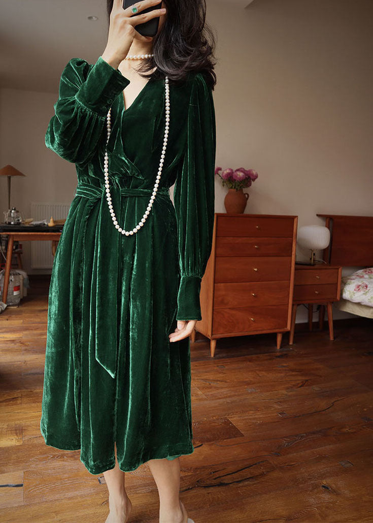 Fine Green V Neck Pockets Exra Large Hem Solid Silk Velour Dresses Long Sleeve