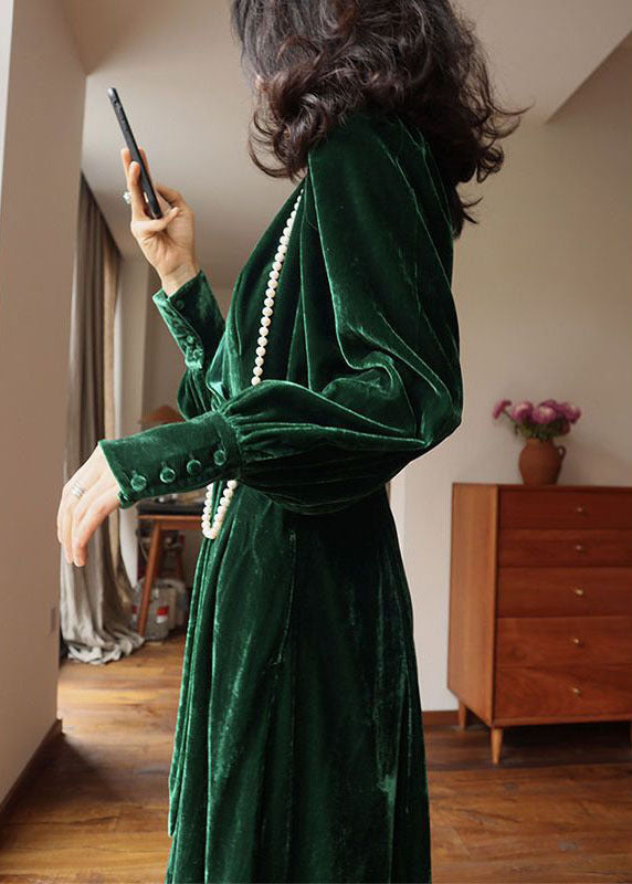 Fine Green V Neck Pockets Exra Large Hem Solid Silk Velour Dresses Long Sleeve