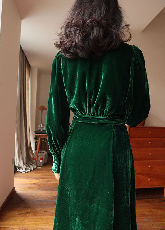 Fine Green V Neck Pockets Exra Large Hem Solid Silk Velour Dresses Long Sleeve