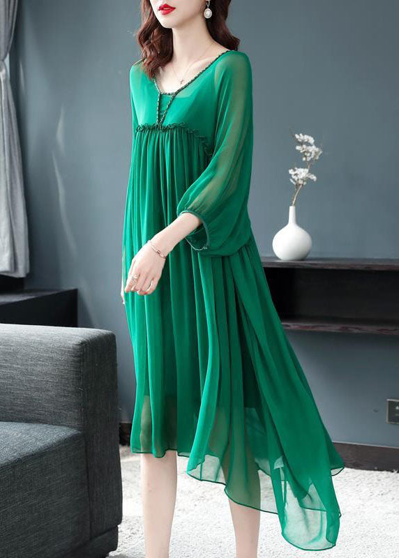 Fine Green V Neck Wrinkled Patchwork Silk Two Pieces Set Summer