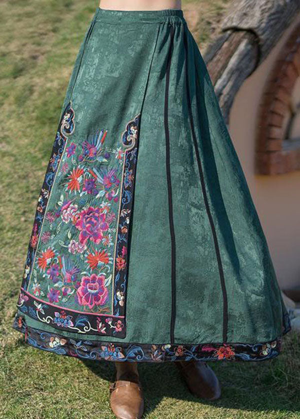 Fine Green Wrinkled Embroideried Pockets Patchwork Silk Skirt Summer