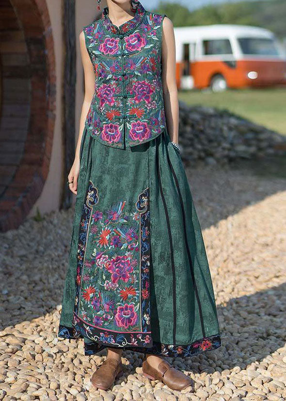 Fine Green Wrinkled Embroideried Pockets Patchwork Silk Skirt Summer