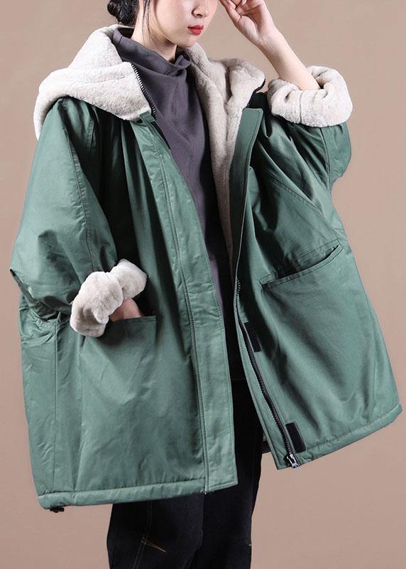 Fine Green Zip Up Pockets Patchwork Fleece Wool Lined Parka Jacket Winter - Omychic