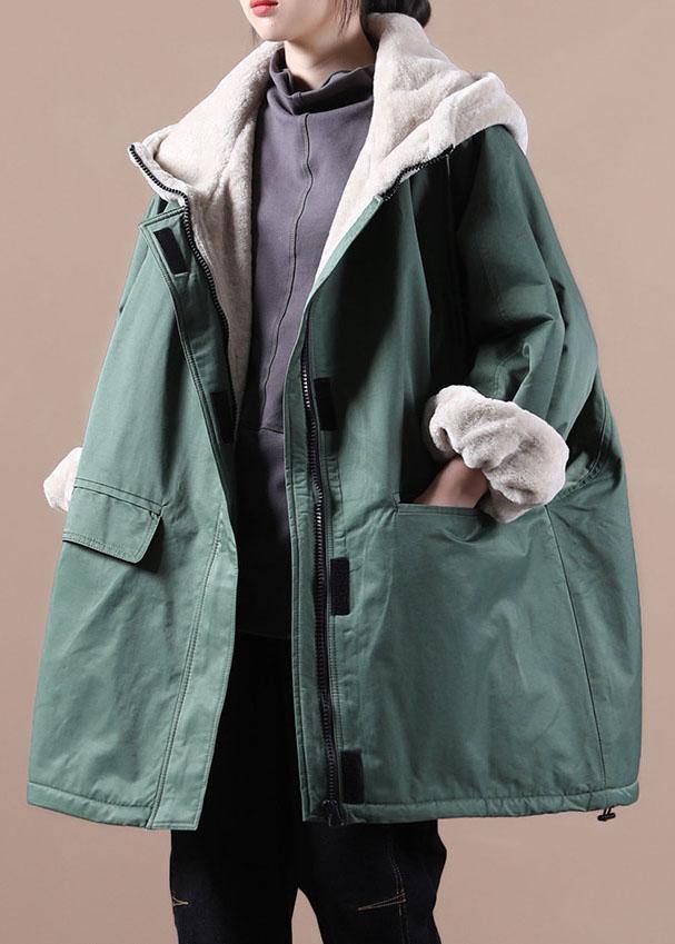 Fine Green Zip Up Pockets Patchwork Fleece Wool Lined Parka Jacket Winter - Omychic