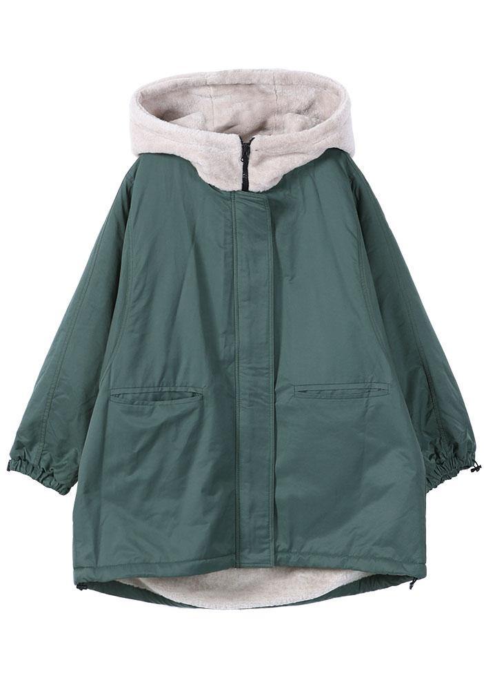 Fine Green Zip Up Pockets Patchwork Fleece Wool Lined Parka Jacket Winter - Omychic