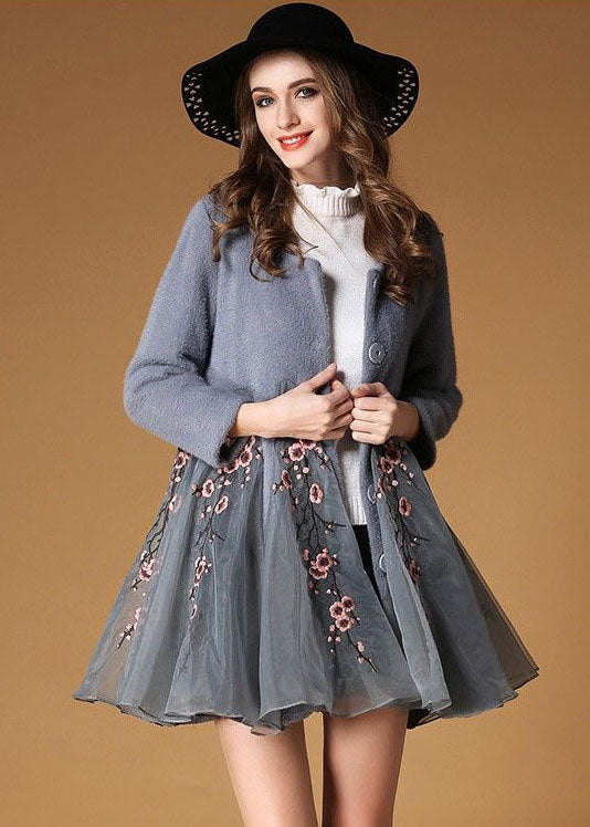 Fine Grey Embroideried Organza Patchwork Wool Coats Winter