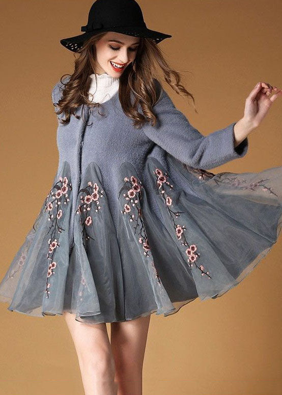 Fine Grey Embroideried Organza Patchwork Wool Coats Winter