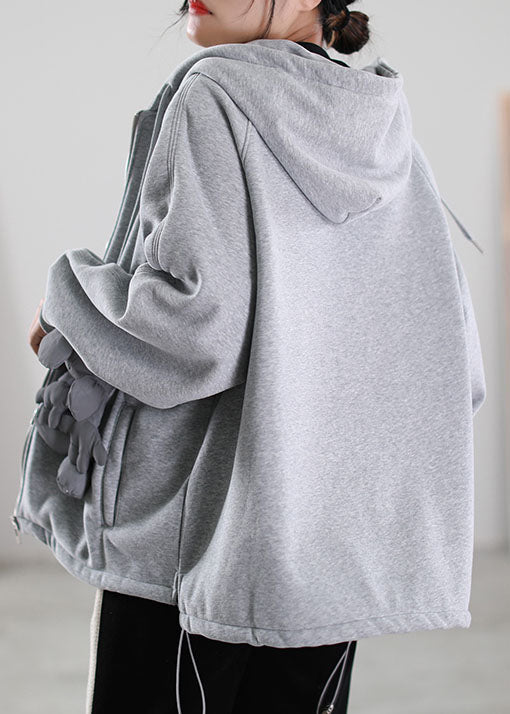 Fine Grey Hooded Pockets Warm Fleece Sweatshirts Top Spring Coat