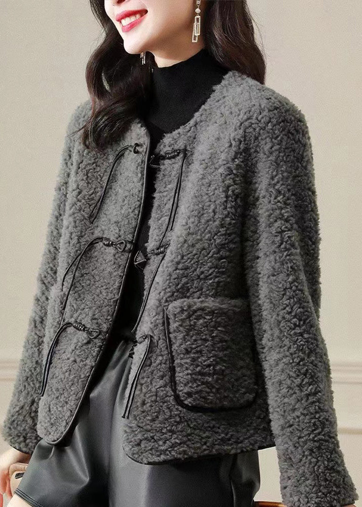 Fine Grey O Neck Tasseled Button Patchwork Wool Coats Winter