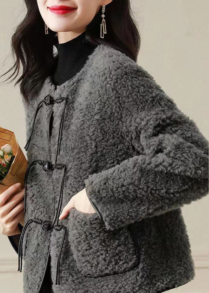 Fine Grey O Neck Tasseled Button Patchwork Wool Coats Winter