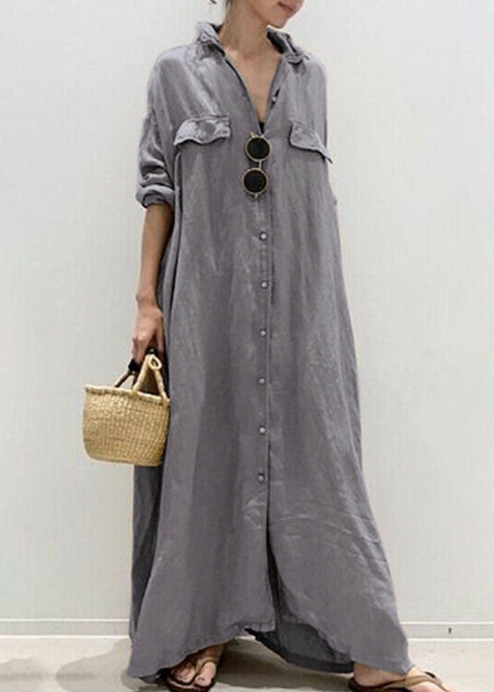 Fine Grey Peter Pan Collar Patchwork Linen Maxi Shirt Dress Spring