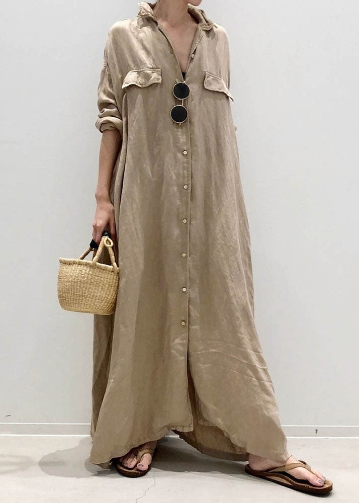 Fine Grey Peter Pan Collar Patchwork Linen Maxi Shirt Dress Spring