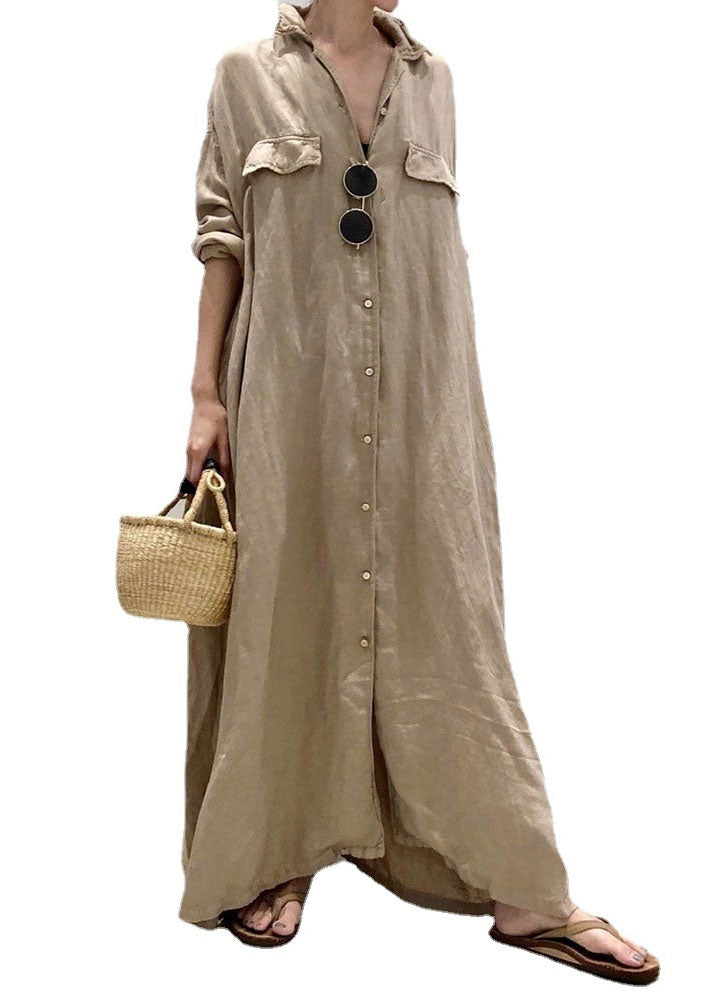 Fine Grey Peter Pan Collar Patchwork Linen Maxi Shirt Dress Spring