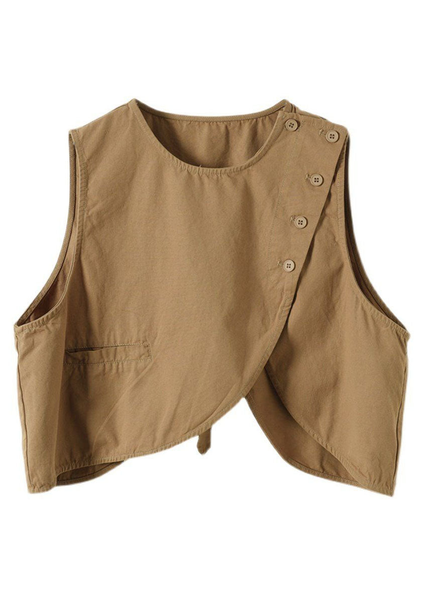 Fine Khaki Asymmetrical Patchwork Cotton Vest Sleeveless
