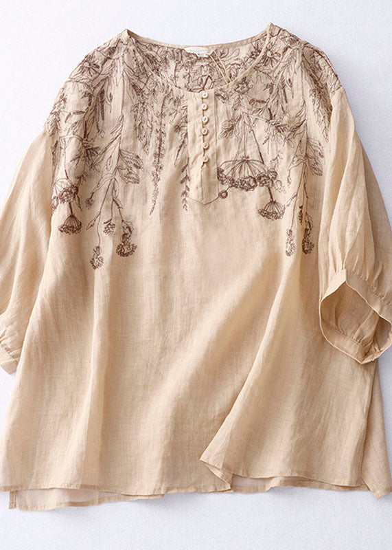 Fine Khaki O Neck Embroideried Patchwork Linen T Shirt Summer