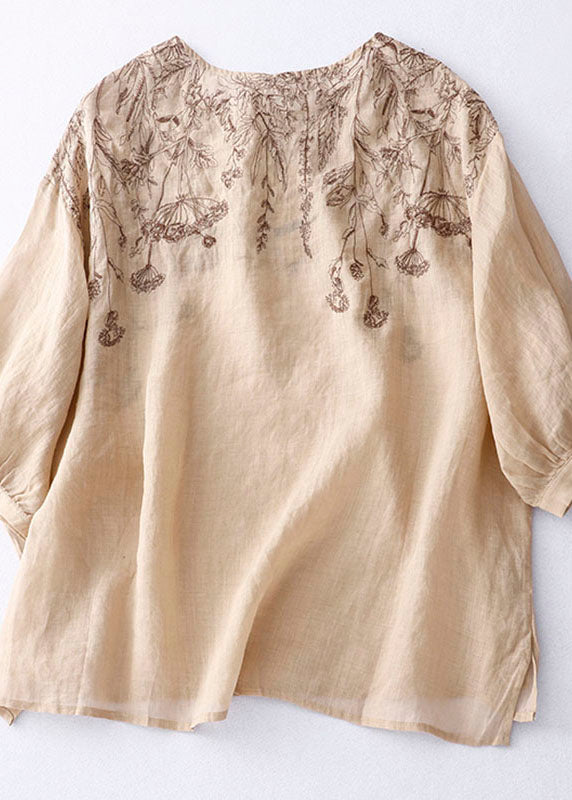 Fine Khaki O Neck Embroideried Patchwork Linen T Shirt Summer