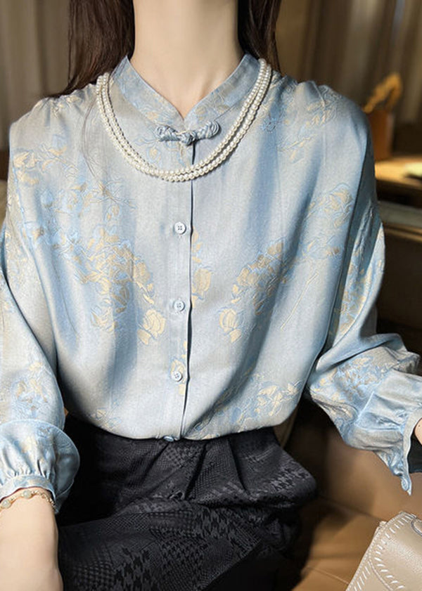 Fine Light Blue Mandarin Collar Jacquard Silk Shirt Spring