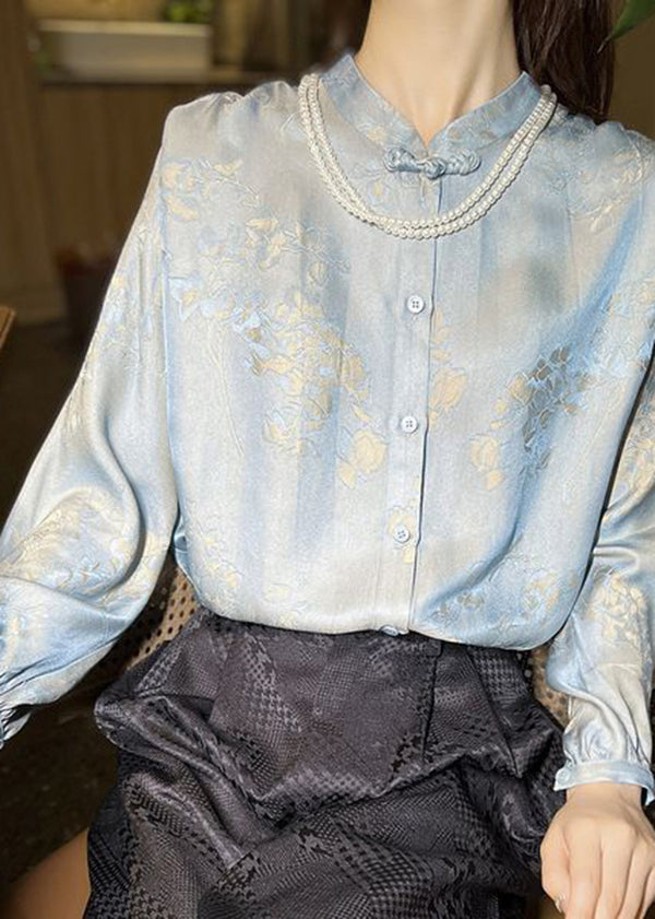 Fine Light Blue Mandarin Collar Jacquard Silk Shirt Spring