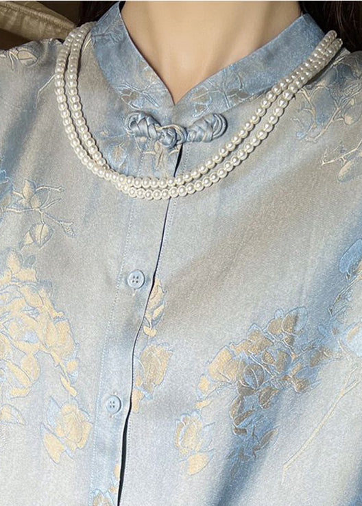 Fine Light Blue Mandarin Collar Jacquard Silk Shirt Spring