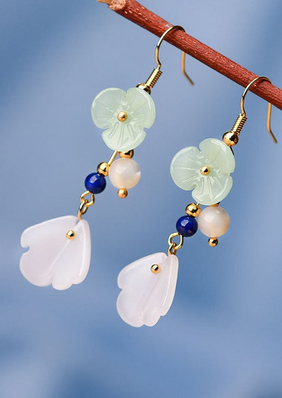 Fine Light Green Coloured Glaze Flower Pearl Drop Earrings