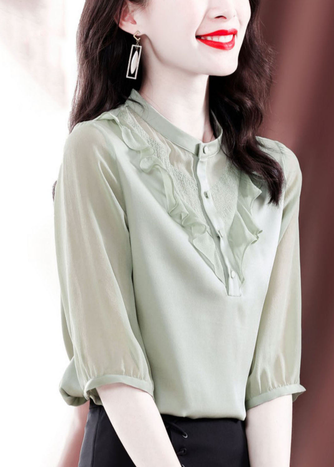 Fine Light Green Ruffled Patchwork Silk Shirts Summer