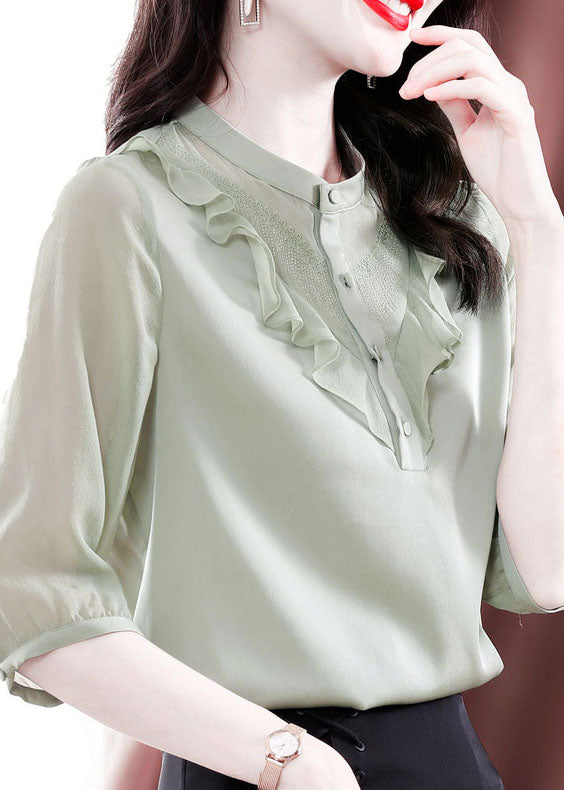 Fine Light Green Ruffled Patchwork Silk Shirts Summer