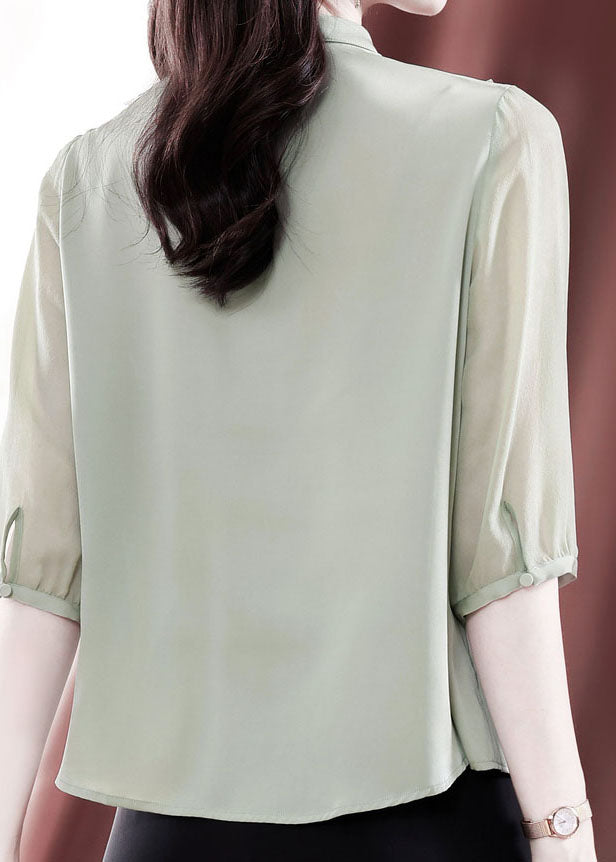 Fine Light Green Ruffled Patchwork Silk Shirts Summer