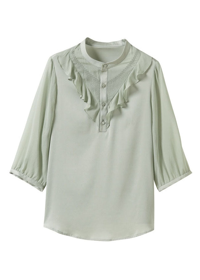 Fine Light Green Ruffled Patchwork Silk Shirts Summer