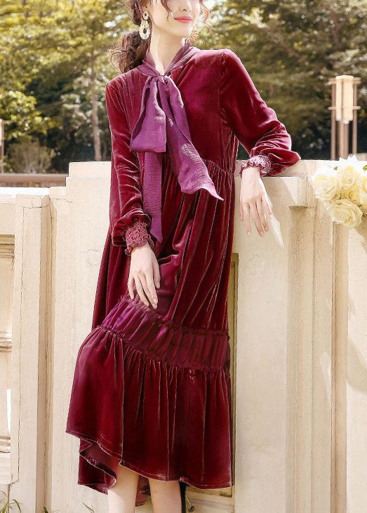 Fine Mulberry Bow Collar Ruffled Patchwork Silk Velour Dresses Spring