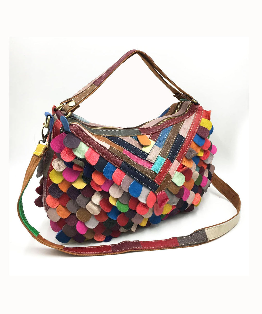 Fine Multi Color Patchwork Zippered Calf Leather Satchel Handbag