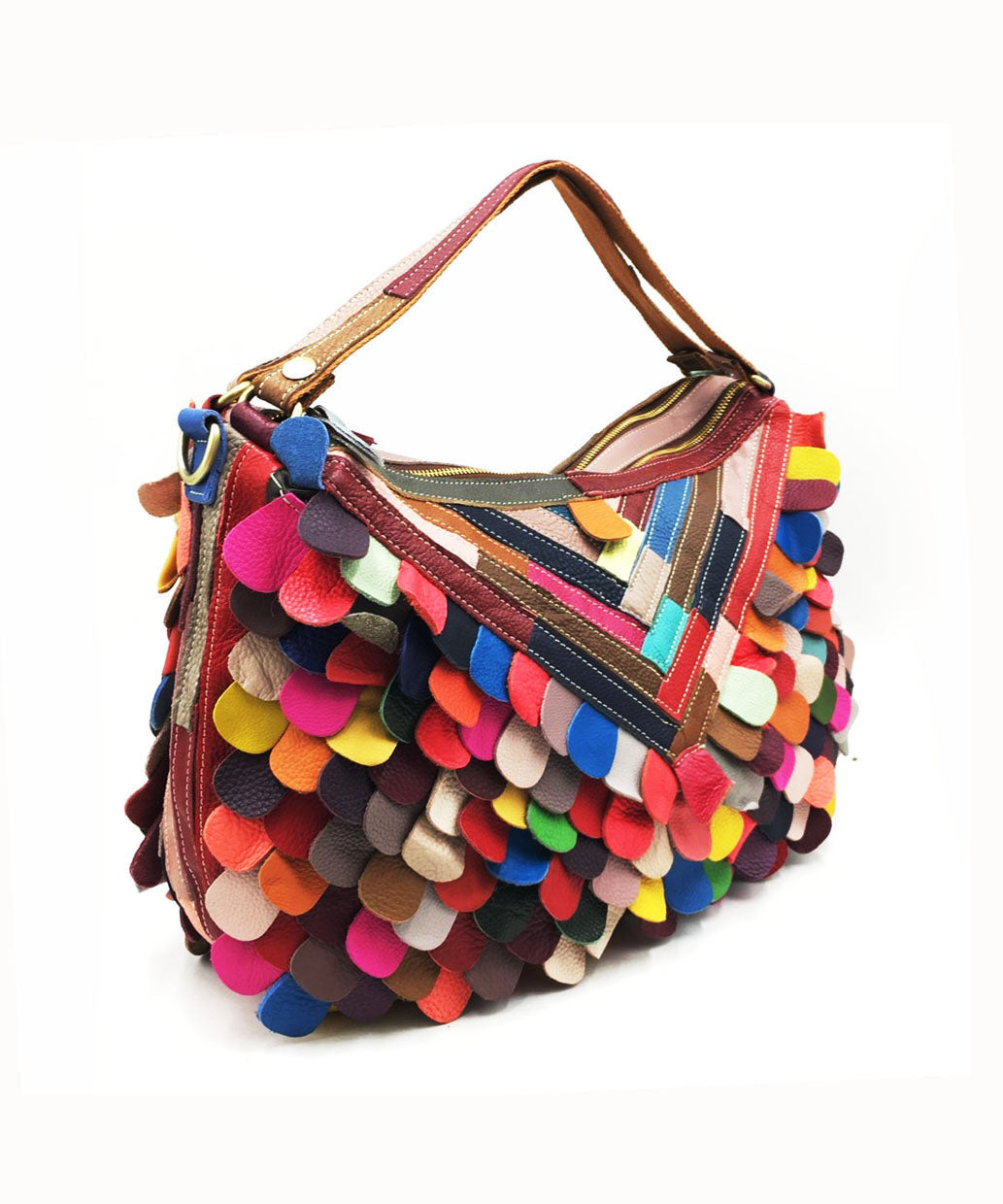 Fine Multi Color Patchwork Zippered Calf Leather Satchel Handbag