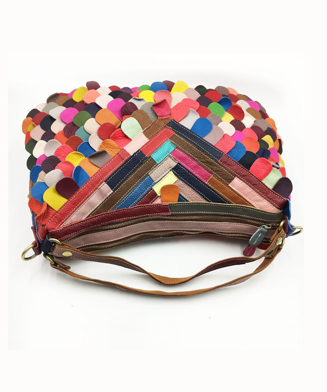 Fine Multi Color Patchwork Zippered Calf Leather Satchel Handbag