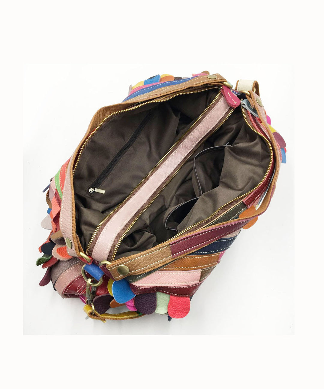 Fine Multi Color Patchwork Zippered Calf Leather Satchel Handbag