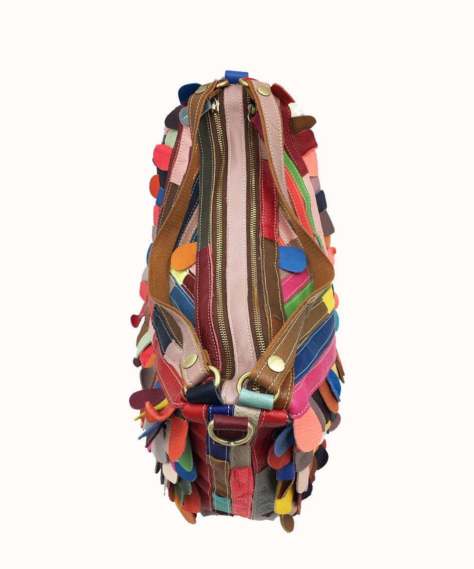 Fine Multi Color Patchwork Zippered Calf Leather Satchel Handbag