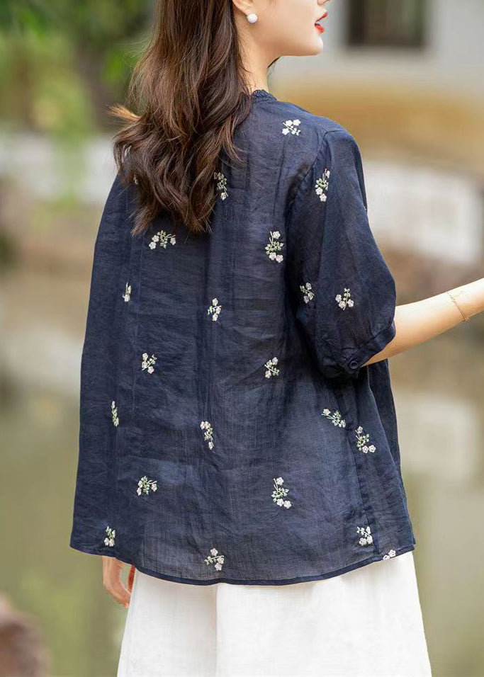 Fine Navy Embroideried Patchwork Linen Shirt Top Summer