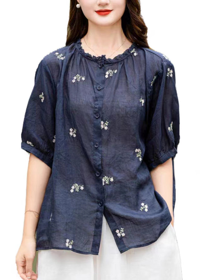 Fine Navy Embroideried Patchwork Linen Shirt Top Summer