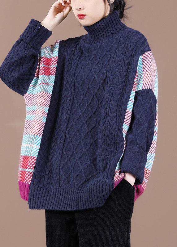 Fine Navy Patchwork High neck Fall Knit Sweater - Omychic