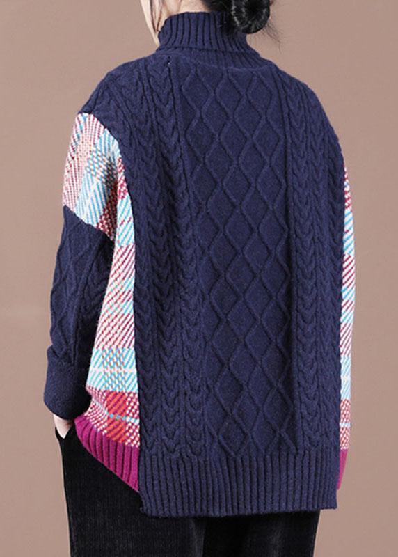 Fine Navy Patchwork High neck Fall Knit Sweater - Omychic