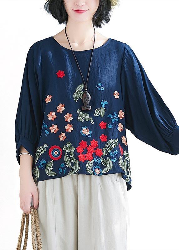 Fine Navy Print O-Neck Cotton Linen Shirt Summer - Omychic