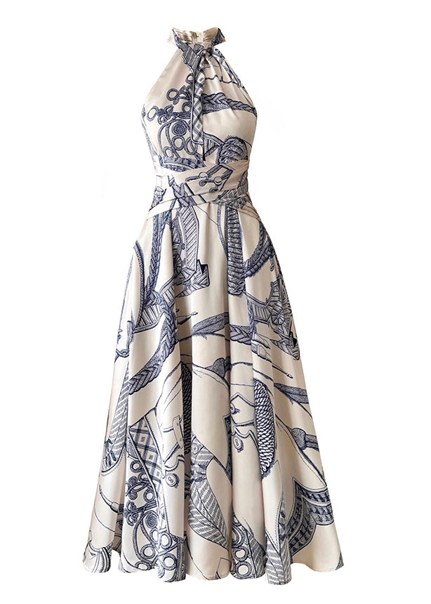 Classy Black O Neck Print Chiffon Exra Large Hem Dress Spring main image 0
