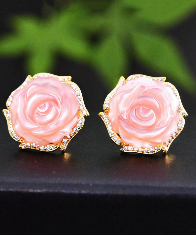 Fine Pink 14K Gold Zircon Rose Stud Earrings