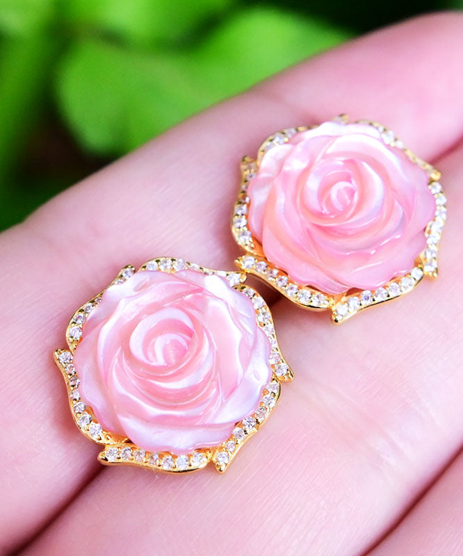 Fine Pink 14K Gold Zircon Rose Stud Earrings