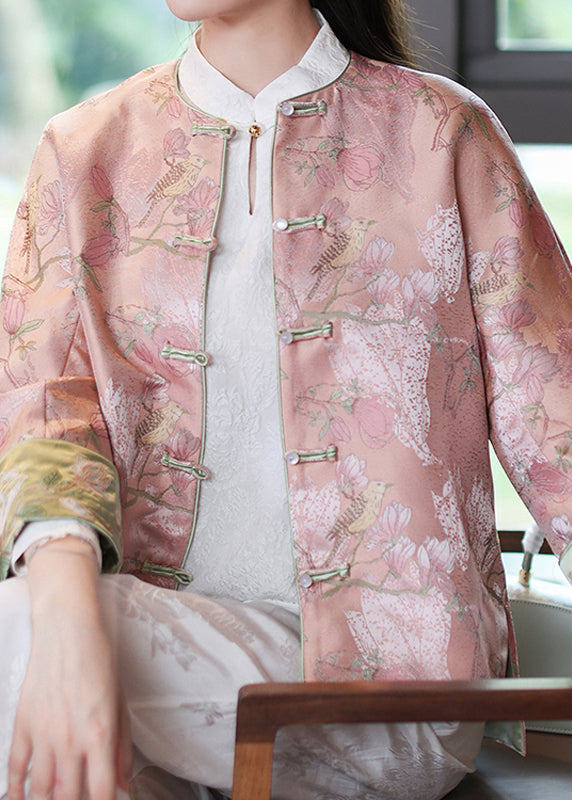 Fine Pink O-Neck Print Button Low High Design Coats Long Sleeve